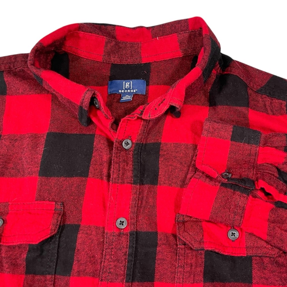 George XL Red Black Buffalo Plaid Button Down Flannel Shirt Lumberjack Grunge